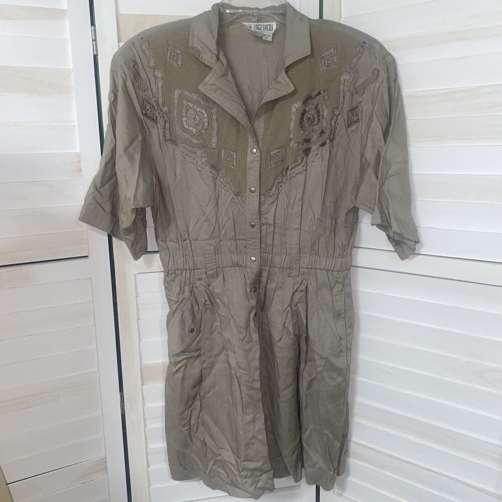 80s Together Khaki Playsuit Shorts Romper Shortalls 1 Piece Sz 6 Small